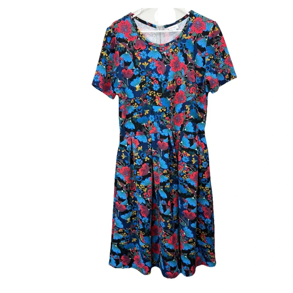 LuLaRoe Red Blue Colorful Floral Pockets Stretch Amelia Dress Size 2X